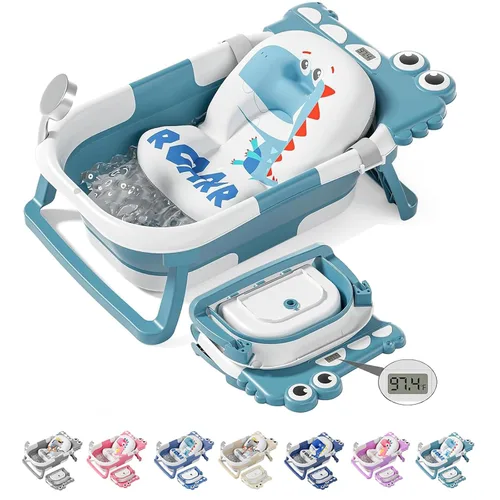 Vista 14 de TPN - Bañera plegable para bebés con cojín suave y termómetro en tiempo real, bañera portátil de viaje para recién nacidos e infantes