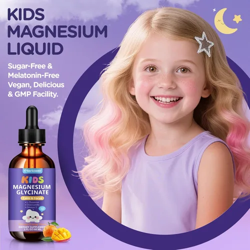 Vista 2 de Gotas líquidas de glicinato de magnesio para niños, magnesio para niños con L-teanina, omega-3, vitamina D3 K2, zinc para dormir, calma, relajación