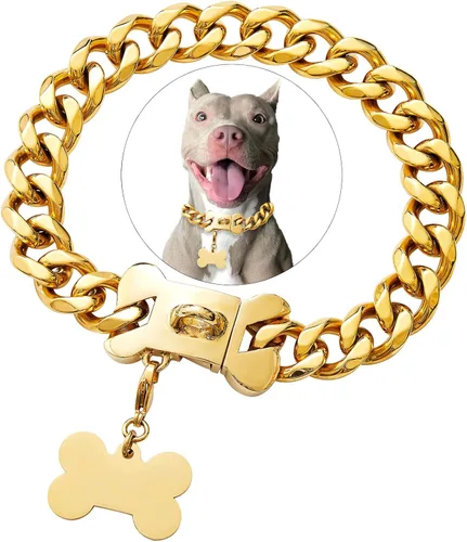 Vista 9 de Collar de eslabones cubanos, resistente, negro, de 10 a 26 pulgadas de ancho, acero inoxidable, collar con chapita personalizable, para perros