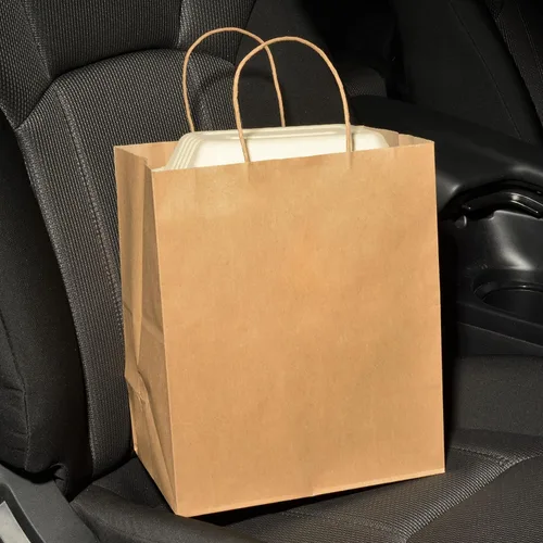 Vista 6 de Prime Line Packaging Bolsas de papel marrones, bolsas de compras medianas con asas para pequeñas empresas, alimentos para llevar, comestibles, venta