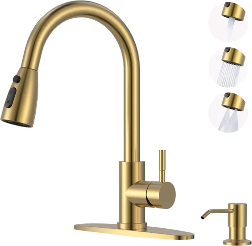 Vista 34 de WOWOW Grifo de cocina con rociador, grifo de fregadero de cocina, acero inoxidable SUS 304, grifo de cocina de níquel cepillado de arco alto