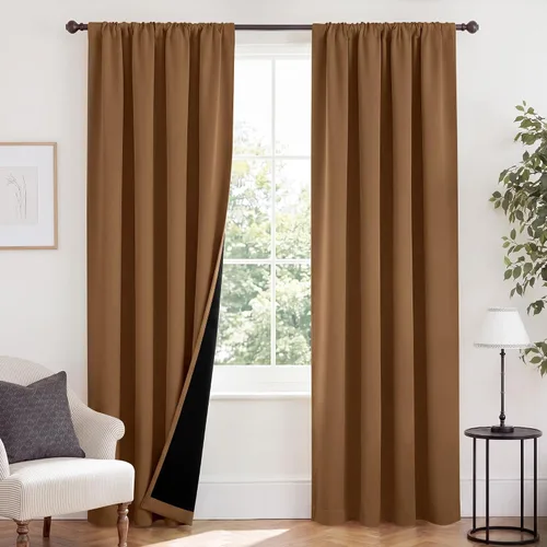 Vista 130 de NICETOWN Biscotti Beige 100% Cortinas opacas de 45" de largo para cocina, bolsillo con varilla para sótano completamente opaco, cortinas térmicas