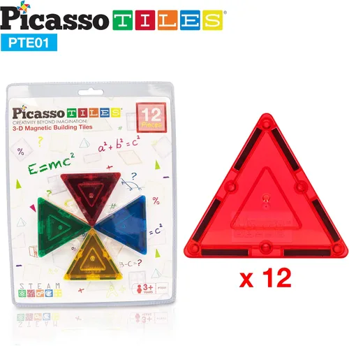 Vista 2 de PicassoTiles Juego combinado de azulejos magnéticos equiláteros pequeños + 353 piezas de azulejos magnéticos, 12 piezas de bloques de construcción