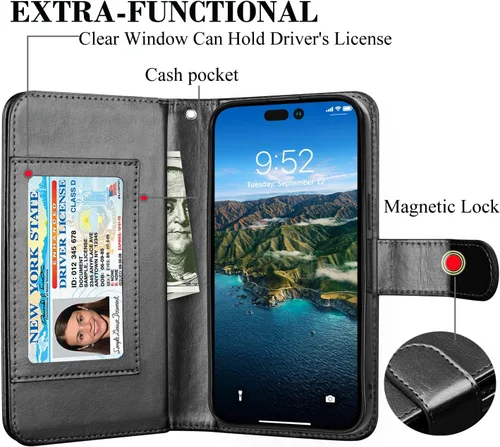 Vista 3 de Funda tipo cartera para iPhone 15 Pro, funda para iPhone 15 Pro, funda de piel sintética con soporte para tarjetas de crédito