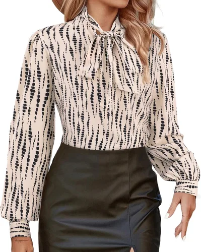 Vista 20 de Avanova - Camisas de manga larga abullonada con cuello de lazo para mujer, blusas casuales de trabajo