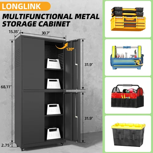 Vista 3 de Metal Garage Cabinet with 4 Wheels,4 Door Black Metal Storage with Lock,71" H Tool Storage Cabinets with Adjustable Shelves for Utility Negro