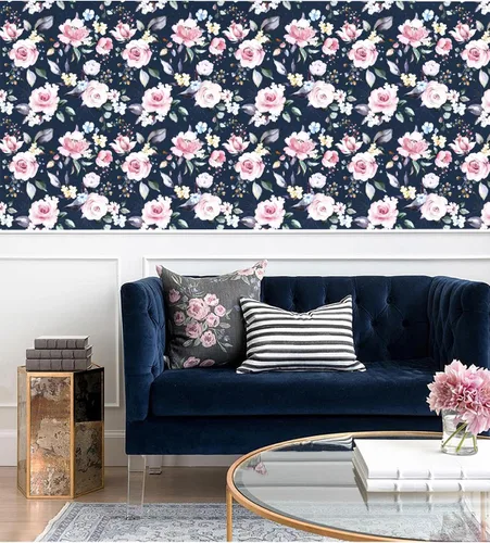 Vista 3 de Blooming Wall DPY53-D Papel pintado de rosas frescas de acuarela con hojas boho texturizadas despegar y pegar autoadhesivo papel pintado pre-pegado
