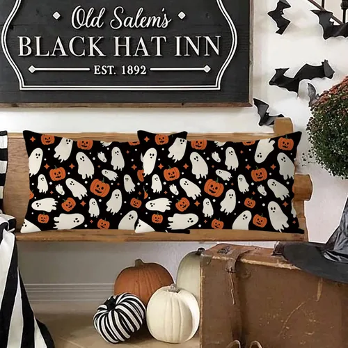 Vista 5 de GAGEC Fundas de almohada de Halloween de 12 x 20 pulgadas, funda de almohada de lino con calabazas fantasmas, fundas de almohada de lino