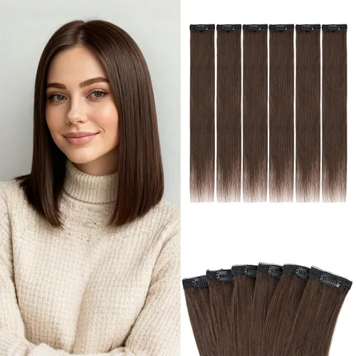 Vista 20 de 6 extensiones de cabello real con 6 clips, cabello ondulado de 10 pulgadas, color marrón oscuro
