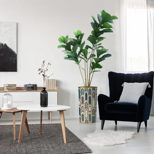 Vista 7 de Árbol artificial en macetero moderno con patrón poligonal, palmera tropical areca artificial de seda para decoración del hogar en interiores