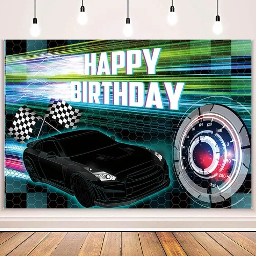 Vista 2 de MEHOFOND Telón de fondo negro de 7 x 5 pies, decoración de fiesta de carreras para niños, cartel de fiesta de cumpleaños con temática de auto