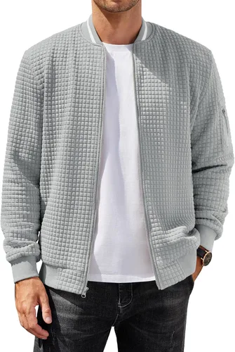 Vista 15 de COOFANDY - Chaqueta de suéter con cremallera para hombre, sudadera acanalada, bomber ligera, casual