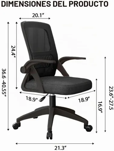 Vista 2 de Silla de oficina, silla de escritorio ergonómica, silla de malla transpirable, silla giratoria con brazos abatibles y soporte lumbar, silla