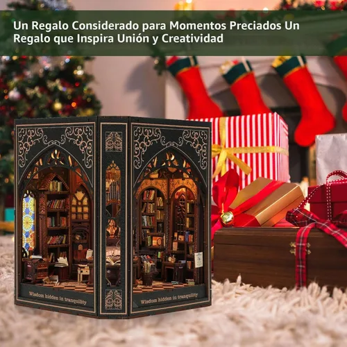 Vista 8 de NookMaster Kit de rincón de libros con luz LED DIY casa de muñecas en Kits de rincón de libros para adultos, tema de biblioteca, 377 piezas, LED