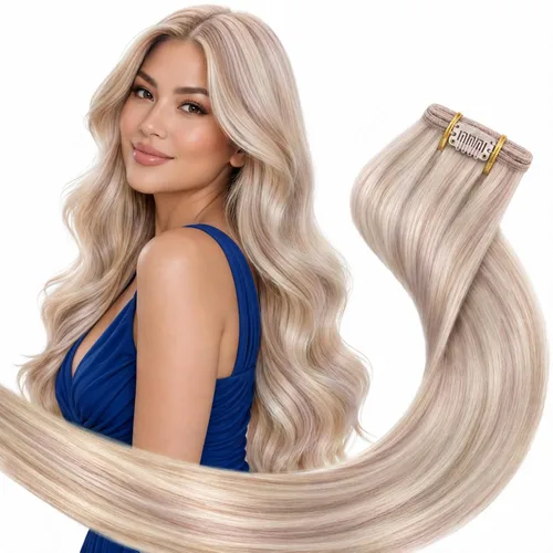 Vista 30 de Ve Sunny Extensiones de cabello humano real con clip balayage, color marrón castaño degradado a rubio, 12 pulgadas, 5 unidades, 2.82 onzas