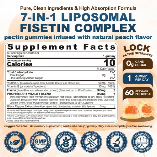 Vista 2 de Fisetina liposomal de 200 mg y complejo de resveratrol 500 mg - Longevidad y apoyo a la renovación celular - 98% Fisetina de alta pureza