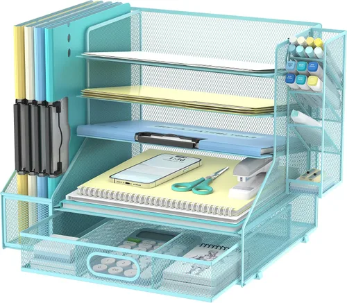 Vista 11 de DALTACK Organizador de Escritorio de Malla, Bandeja de Cartas de 5 Niveles con Portaarchivos y Portabolígrafos y Cajón Deslizante, Organizador