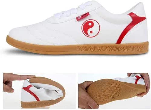 Vista 4 de Zapatos de Kung Fu para hombre y mujer, zapatos planos antideslizantes de Tai Chi, artes marciales, zapatos de lona suave, Kungfu Bottom Walking