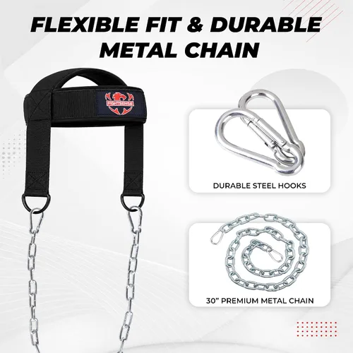 Vista 2 de FIGHTSENSE Arnés para el cuello con correa acolchada ajustable con cadena de acero, arnés de cabeza de levantamiento de pesas para ejercicio
