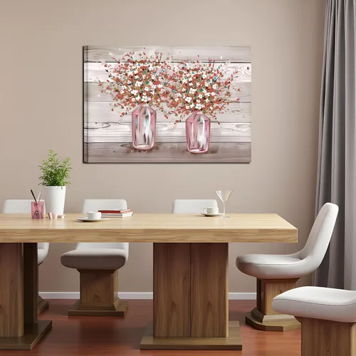 Vista 5 de RyounoArt Cuadros florales rosados para decoración de pared, flores rosas y grises en jarrón, pintura artística de granja, decoración de granja