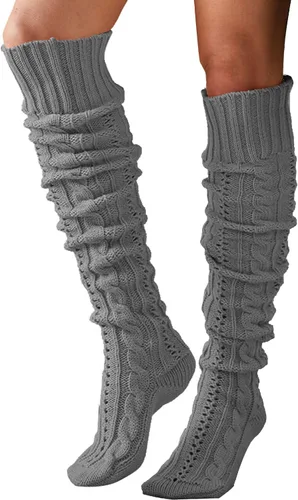 Vista 2 de YELAIVP Calcetines altos hasta el muslo de punto trenzado para mujer, botas extra largas por encima de la rodilla, calentadores de piernas