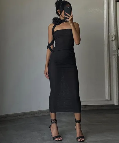 Vista 6 de Vestido de tubo sexy con volantes para mujer, vestido halter sin tirantes, con borlas florales irregulares