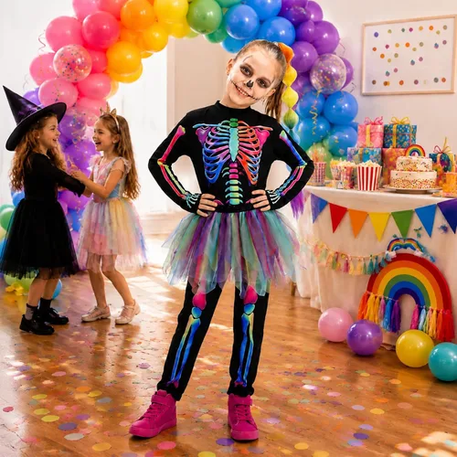 Vista 7 de Disfraz de esqueleto para niños, 3 piezas, disfraces de Halloween para niñas