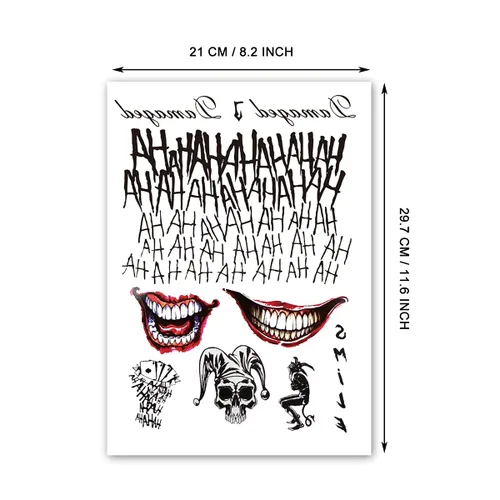 Vista 3 de 2 hojas de tatuajes falsos adhesivos para hombre, para disfraces, Halloween, cosplay, accesorios o fiestas.