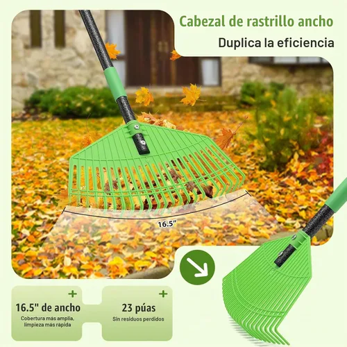 Vista 2 de Rastrillo de plástico para hojas con mango ajustable de 65 pulgadas, rastrillos ligeros para exteriores, para hojas, hierba y aguja de pino