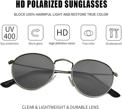 Vista 2 de Kursan Gafas de sol polarizadas de metal redondas pequeñas para hombres y mujeres, lentes espejadas, gafas de sol clásicas circulares