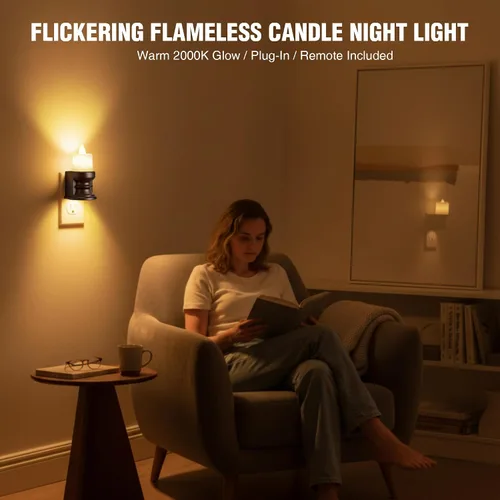 Vista 2 de Meonum - Luz nocturna de vela sin llama parpadeante enchufable, luz nocturna LED regulable con sensor de atardecer a amanecer, luz decorativa