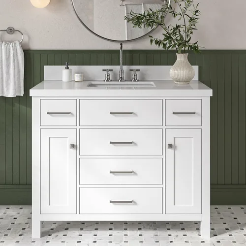 Vista 12 de DKB Isabella - Mueble de baño negro de 42 pulgadas con fregadero, lavabo rectangular, encimera de cuarzo blanco puro y protector contra salpicaduras
