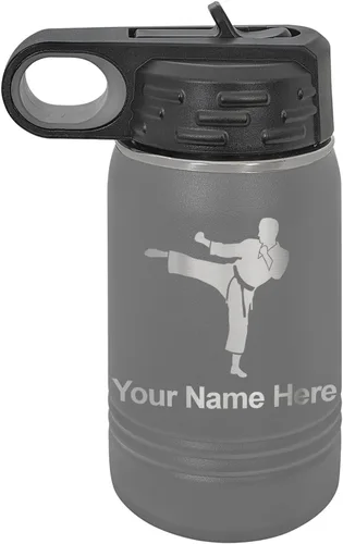 Vista 73 de Botella de agua personalizada LaserGram, Karate Man, de acero inoxidable con aislamiento al vacío de doble pared con tapa abatible, regalo grabado