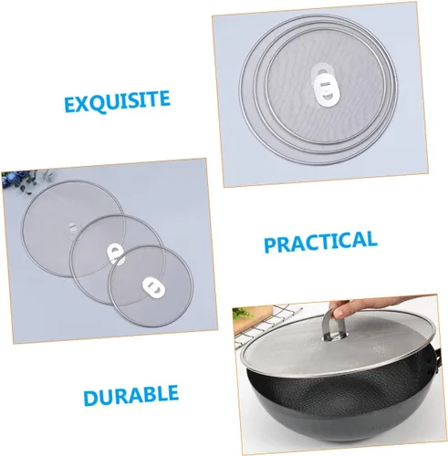 Vista 6 de 3 unidades de acero inoxidable para sartén de acero inoxidable, cubiertas de aceite para ollas de cocina, pantalla de grasa fácil de limpiar