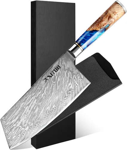 Vista 13 de XITUO VG10 Juego de cuchillos de chef japoneses de acero Damasco de 4 piezas, resina azul y mango de madera, cuchillo de chef de 8 pulgadas