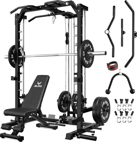 Vista 29 de JELENS SR01 Smith Machine, jaula de potencia multifunción de 2000 libras con sistema de extracción LAT, estante para sentadillas todo en uno
