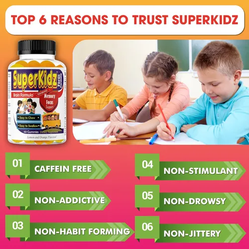Vista 5 de Superkids - Gomitas de enfoque para niños con Omega 3 DHA, gomitas de apoyo cerebral para niños y adolescentes, gomitas de memoria y concentración
