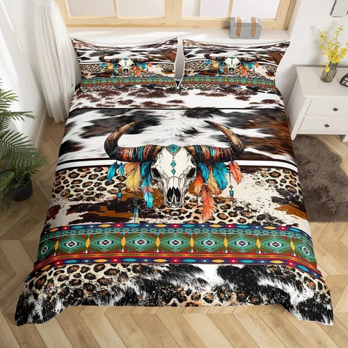 Vista 28 de Erosebridal Funda de edredón de piel de vaca marrón con estampado de vaca de las tierras altas, juego de ropa de cama occidental exótico azteca