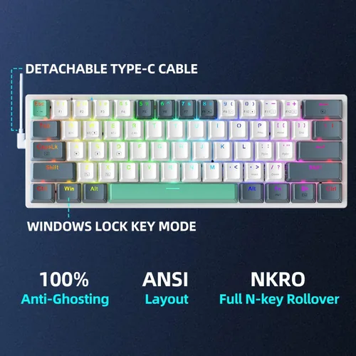 Vista 5 de Machenike K500A-B61W Teclado mecánico inalámbrico para juegos al 60%, interruptor rojo lineal ultracompacto intercambiable en caliente