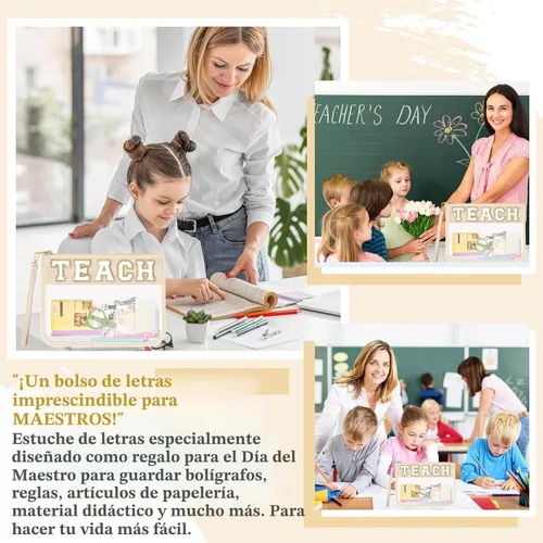 Vista 5 de Regalos de Apreciación para Profesores TEACH Bolso de Maquillaje de Chenilla con Letras, Bolso Transparente de PVC con Monograma y Cremallera