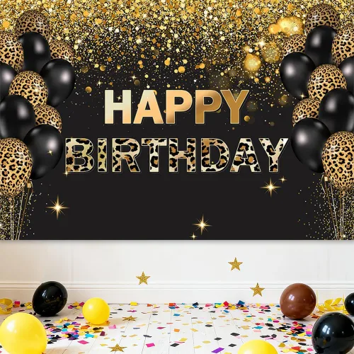Vista 5 de Telón de fondo de feliz cumpleaños de 7 x 5 pies, lentejuelas doradas, globos de leopardo negro con purpurina, fondo para fotos, decoración