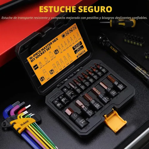 Vista 7 de Juego de 16 piezas de enchufe de impacto de broca hexagonal SAE - Juego de enchufe Allen de acero S2 premium de 5/64"-9/16" con adaptadores de Sae