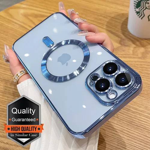 Vista 2 de Magsafe - Funda para iPhone 13 Pro, funda magnética transparente para teléfono con protector de pantalla y cubierta de cámara, funda galvanizada Azul