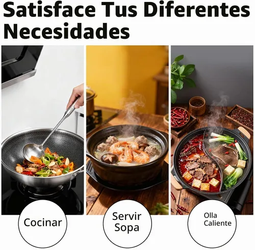 Vista 6 de TBWHL Cucharón de Sopa de Metal 34 cm de Acero Inoxidable 304 con Mango Largo - Cucharón de Cocina Profesional con Mango Ergonómico y Equilibrio