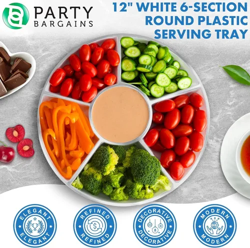 Vista 4 de PARTY BARGAINS Bandeja redonda de plástico de 12 pulgadas, 6 secciones, color blanco con borde plateado, paquete de 1