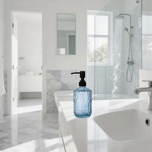 Vista 4 de Dispensador de Jabón de Vidrio Azul de 18oz, Dispensador de Jabón Recargable de Cocina y Baño de Vidrio Grueso con Bomba Negra a Prueba de Óxido