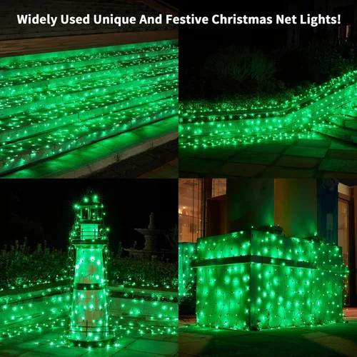 Vista 2 de Dirnun Red de luces LED de Navidad verde para exteriores, 160 LED de 5 x 7 pies, luz de malla de hadas impermeable para exteriores e interiores