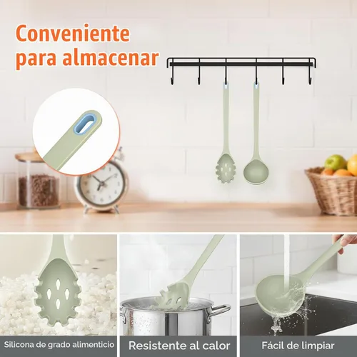 Vista 4 de Juego de 2 utensilios de cocina de silicona para espaguetis y cucharón de Verde