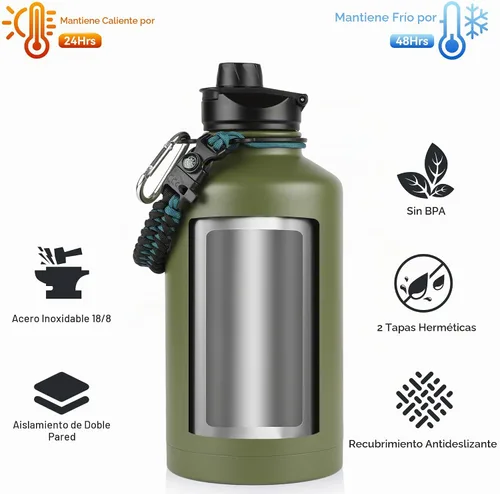 Vista 2 de Botella de agua aislada de 64 onzas con tapas de pajita y boquilla, jarra de agua de acero inoxidable de medio galón con mango de paracord, vacío