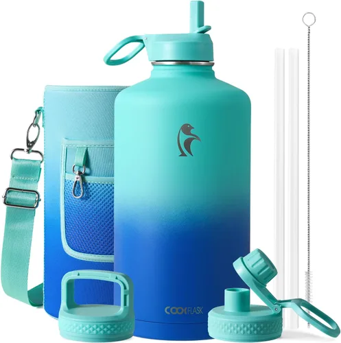 Vista 53 de Coolflask Botella de agua de 20 onzas aislada con pajilla, 3 tapas de metal de acero inoxidable, botella de agua de boca ancha para deportes u